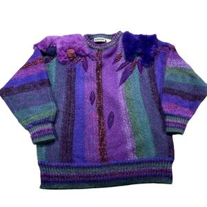Vintage MarieaKim Sweater Womens Large Purple Stripe Fur Trim Beaded Knit 80s